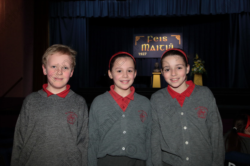 Feis12042018Thu01 
 1
Mattie Chambers, Molly Cregan and Clara Crichton from St Luke’s NS Douglas.
 Singing Class: 84: “The Sr. M. Benedicta Memorial Perpetual Cup” Primary School Unison Choirs Section 1 Feis Maitiú 92nd Festival held in Fr. Mathew Hall. EEjob 28/03/2018 Picture: Gerard Bonus