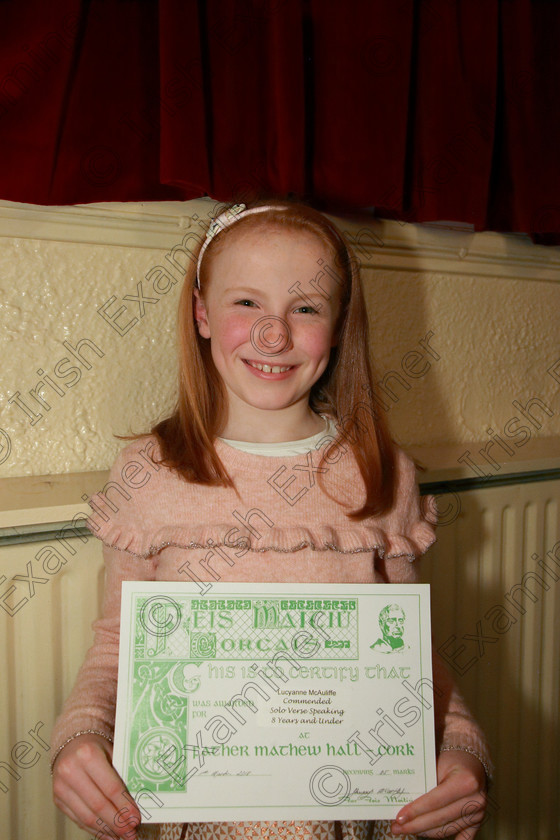 Feis11032018Sun15 
 15
Commended Lucy-Anne McAuliffe from Mallow.
 Singing and School Choirs Class: 367: Solo Verse Speaking Girls 8 Years and Under Section 5 Feis Maitiú 92nd Festival held in Fr. Mathew Hall. EEjob 06/03/2018 Picture: Gerard Bonus.