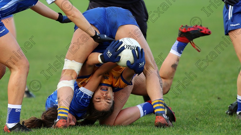 IMG 3638 
 "Bottoms Up" - Clare Ladies Footballer Niamh O'Dea entangled with Laois's Clodagh Dunne in the LGFA Intermediate Football Championship game played in Clonmel GAA Grounds on Sunday 8th November 2020