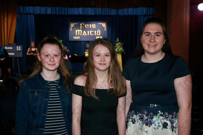 Feis05032018Mon13 
 13
Performers Lea Fitzgerald, Abbie Twomey and Caoinhe Canty from Fermoy.
 Singing and School Choirs Class: 53: Girls Solo Singing 13 Years and Under –Section 2 Feis Maitiú 92nd Festival held in Fr. Mathew Hall. EEjob 05/03/2018 Picture: Gerard Bonus.