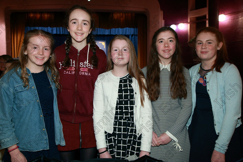 Feis05032018Mon16 
 16
Michelle O’Donohoe, Lucy Aherne, Sinead Magnier, Roisín Cahill and Ella Fahy from Fermoy.
 Singing and School Choirs Class: 53: Girls Solo Singing 13 Years and Under –Section 2 Feis Maitiú 92nd Festival held in Fr. Mathew Hall. EEjob 05/03/2018 Picture: Gerard Bonus.