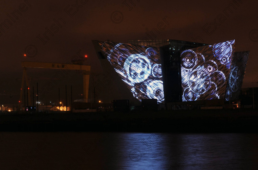 Pacemaker Titanic Light S 20 
 PACEMAKER BELFAST 7/4/2012
Thousand come out to watch the "Titanic Light Show" at the new Titanic building in Belfast on saturday night, the worldÕs biggest ever digital projection lighting show was staged in the historic setting of the Titanic Slipways as part of the cityÕs festival of events to commemorate the 100th anniversary of TitanicÕs fateful maiden voyage. Using cutting-edge architectural projection, 3D motion graphics, synchronized pyrotechnics and bespoke sound design, the show was the largest, most complex projection ever attempted
Photo Colm Lenaghan/Pacemaker