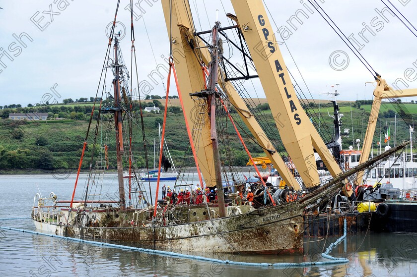 Astrid-ship-24 
 Irish Examiner local news Picture 10-09-2013 
The wreck of the sail training ship the Astrid is uprighted at Lobster Quay in Kinsale, co Cork. Picture Dan Linehan