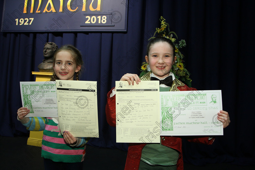 Feis14032018Wed35 
 35
Commended Alison Creedon, and Clíona Murphy from Passage West and Ovens.
 Speech and Drama Class: 328: “The Fr. Nessan Shaw Memorial Perpetual Cup” Dramatic Solo 10 Years and Under Section1Feis Maitiú 92nd Festival held in Fr. Mathew Hall. EEjob 14/03/2018 Picture: Gerard Bonus.