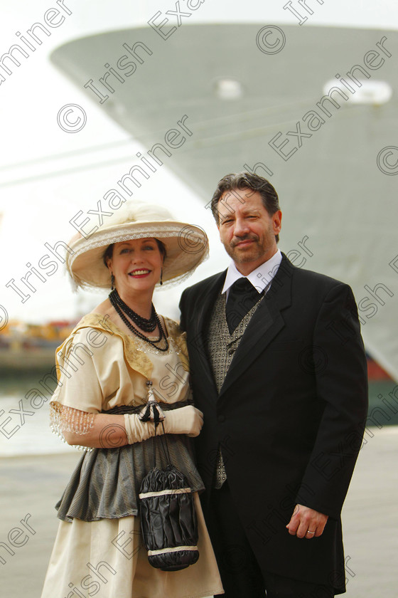 SEA Titanic 131093 
 Americans Mary-Beth Crocker Dearing (left) and her husband Tom dressed in Edwardian costume at Southampton docks before boarding the Balmoral cruise ship. PRESS ASSOCIATION Photo. Picture date: Sunday April 8, 2012. They will spend their honeymoon with 1,307 other passengers marking the centenary of the Titanic disaster on the night of April 14, 1912. Photo credit should read: Chris Ison/PA Wire