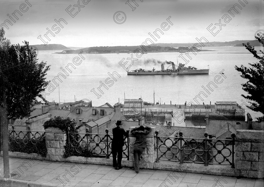 912461 
 For 'READY FOR TARK'
View from heights of Cobh on the day Cork Harbour forts were handed over by British to the Irish government 11/07/1938 Ref. 173C old black and white politics