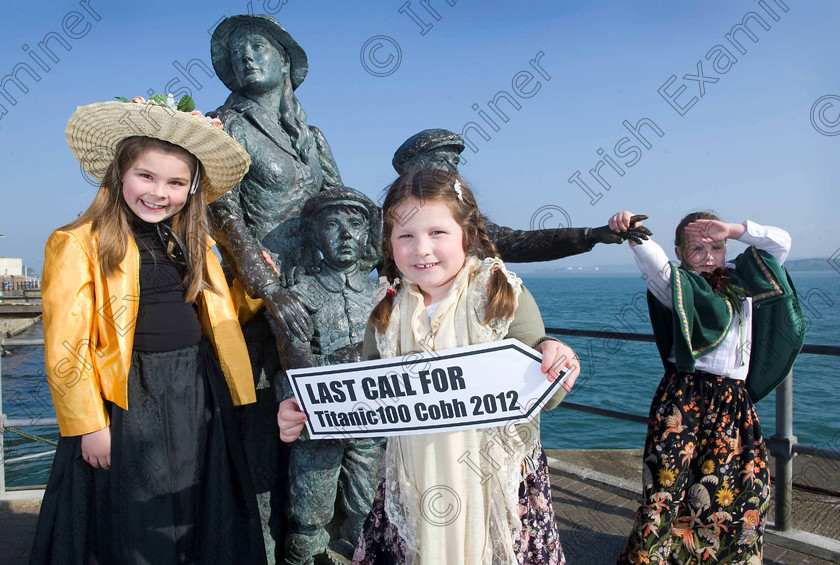 Titanic Cobh 268 
 Free Pic No Repro Fee
Blathin Verwey, Caite Anderson and Leah Anderson from Cobh Get on Board for The Titanic Centenary events in Cobh. If you’re looking for a steer on how to be a part of the commemoration events around the 100th anniversary of The Titanic taking place, then anchor yourself in Cobh Co. Cork, then Queenstown, the Titanic’s last port of call where 123 passengers boarded the magnificent vessel. Cobh will play host to a memorable series of events from April 9-15 to remember The Titanic and the people associated with her. The events series, entitled Titanic100 Cobh 2012, has something for everyone from concerts to cruise liners, a vintage car show, a Titanic art display, lectures, exhibitions and museums, music recitals, a search and rescue display, a 10 mile road race, gala dinners, food and gift stalls, a remembrance service and a range of water activities and on-street entertainment for all throughout the week. The events will appeal to history buffs, culture vultures, adventure seekers, concert enthusiasts, food lovers, and families. See www.titanic100.ie
pictures Gerard McCarthy 087 8537228
more info contact Niamh Sullivan Hopkins Communications 021 4272200 087 0617705