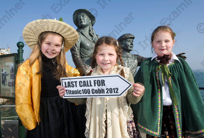 Titanic Cobh 281 
 Free Pic No Repro Fee
Blathin Verwey, Caite Anderson and Leah Anderson from Cobh Get on Board for The Titanic Centenary events in Cobh. If you’re looking for a steer on how to be a part of the commemoration events around the 100th anniversary of The Titanic taking place, then anchor yourself in Cobh Co. Cork, then Queenstown, the Titanic’s last port of call where 123 passengers boarded the magnificent vessel. Cobh will play host to a memorable series of events from April 9-15 to remember The Titanic and the people associated with her. The events series, entitled Titanic100 Cobh 2012, has something for everyone from concerts to cruise liners, a vintage car show, a Titanic art display, lectures, exhibitions and museums, music recitals, a search and rescue display, a 10 mile road race, gala dinners, food and gift stalls, a remembrance service and a range of water activities and on-street entertainment for all throughout the week. The events will appeal to history buffs, culture vultures, adventure seekers, concert enthusiasts, food lovers, and families. See www.titanic100.ie
pictures Gerard McCarthy 087 8537228
more info contact Niamh Sullivan Hopkins Communications 021 4272200 087 0617705