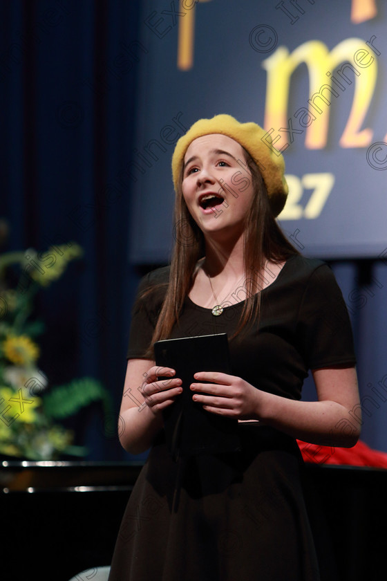 Feis02032019Sat05 
 4~5
Faye Herlihy from Ballinhassig performing Dreams as her Repertoire singing “Hushaby Mountain” from Chitty Dhitty Bang Bang; “Time Hard To Dream” and “Once Upon A Dream”.

Class: 18: “The Junior Musical Theatre Recital Perpetual Cup” Solo Musical Theatre Repertoire 15 Years and Under A 10 minute recital programme of contrasting style and period.

Feis Maitiú 93rd Festival held in Fr. Mathew Hall. EEjob 02/03/2019. Picture: Gerard Bonus