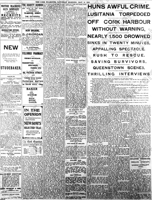 report 
 Report of Lusitania sinking on Cork Examiner, Saturday, May 8th, 1915. Internal 
 Keywords: Lusitania Cork Cobh