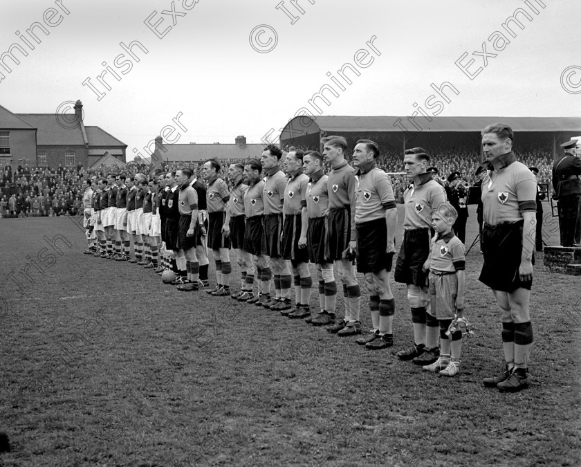 320456 
 The teams line up before the all Cork F.A.I. Cup Final at Dalymount Park, Dublin between Evergreen United and Cork Athletic. 26/4/1953 Ref. 990E
Echo Book (Sport)