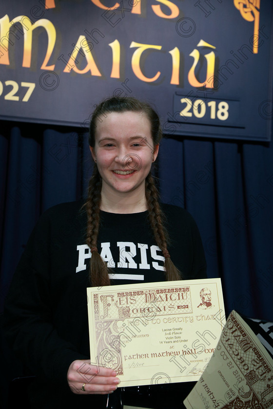 Feis05022018Mon15 
 15
Joint 3rd place Louise Greally from Carrigaline.
 Instrumental Music Class: 239: Violin Solo14 Years and Under Feis Maitiú 92nd Festival held in Fr. Matthew Hall. EEjob 05/02/2018 Picture: Gerard Bonus.