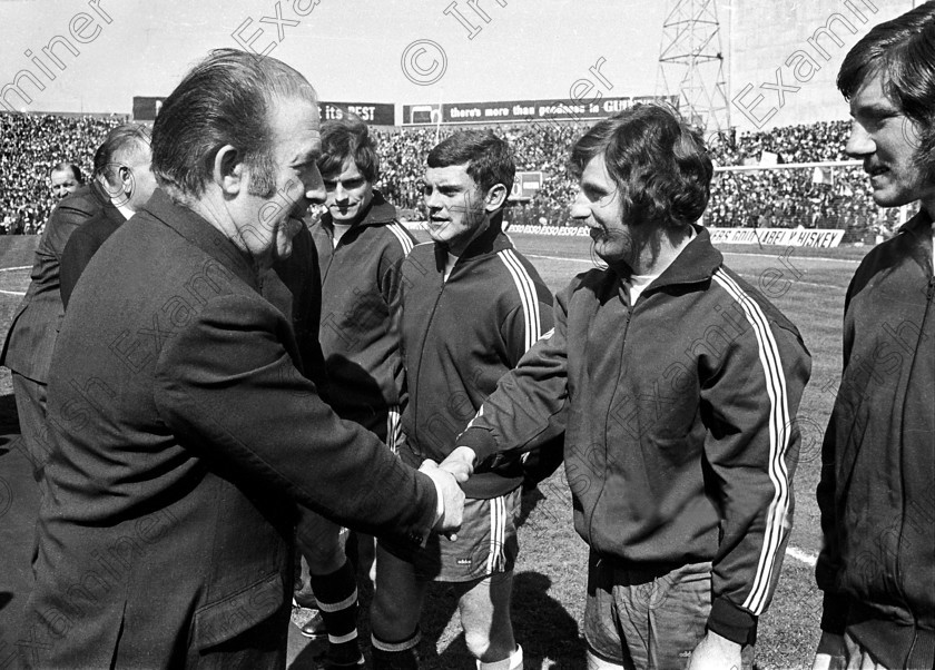 429252 
 Cork Hibernians midfielder John Lawson is introduced to Neil Blaney before the 1973 F.A.I. Cup Final against Waterford at Dalymount Park, Dublin. Other Hibs players included are, from left, Tony Marsden, Gerry Finnegan and Martin 'Fada' Sheehan. 
25/04/1972 Ref. 140/021
100 Cork Sporting Heroes Old black and white