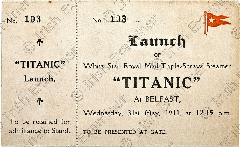 US Titanic 1 
 In this Jan. 31, 2012 photo provided by Bonhams auction house, a ticket to the May 31, 1911 launch of the R.M.S. Titanic is shown. The ticket will be among the Titanic related artifacts be put up on the block by Bonhams during their 'R.M.S. Titanic: 100 Years of Fact and Fiction' auction in New York on Sunday, April 15, 2012. (AP Photo/Bonhams Auction House)