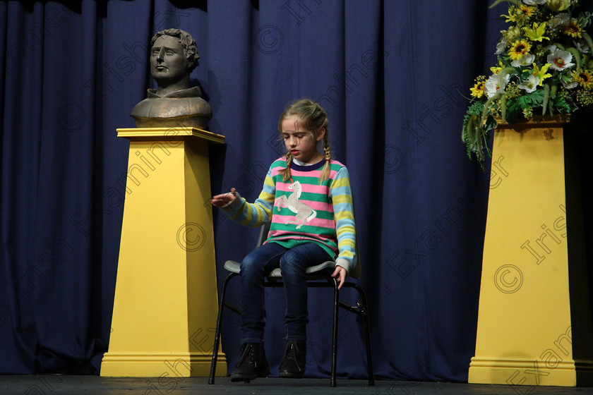 Feis14032018Wed16 
 15~16
Clíona Murphy giving a Commended performance of “Molly Forced to Play The Piano”.
 Speech and Drama Class: 328: “The Fr. Nessan Shaw Memorial Perpetual Cup” Dramatic Solo 10 Years and Under Section1Feis Maitiú 92nd Festival held in Fr. Mathew Hall. EEjob 14/03/2018 Picture: Gerard Bonus.