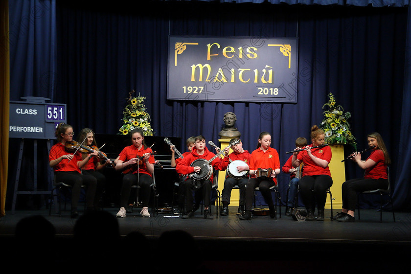 Feis23032018Fri14 
 11~14
Comhaltas Douglas performing.
 Ceol agus Amhránaíocht Traidisiúnta Class: 551: Grupa Ceoil “Corn Evening Echo” 14 Bliana D’Aois Nó Faoina Feis Maitiú 92nd Festival held in Fr. Mathew Hall. EEjob 23/03/2018 Picture: Gerard Bonus