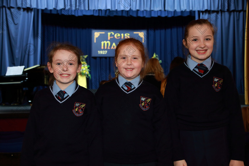 Feis01032019Fri04 
 4
Lily Finn, Lauren O’Connor Hogan and Holly Heffernan from Scoil Aiseiri Chríost Farranree.

Class: 84: “The Sr. M. Benedicta Memorial Perpetual Cup” Primary School Unison Choirs–Section 2 Two contrasting unison songs.

Feis Maitiú 93rd Festival held in Fr. Mathew Hall. EEjob 01/03/2019. Picture: Gerard Bonus