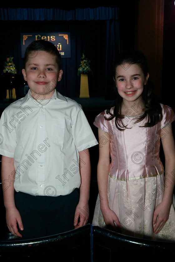 Feis05032018Mon07 
 7
Duo Simon Whelan and Clodagh Barrett from Mitchelstown. 
 Singing and School Choirs Class: 93: Vocal Duets 13 Years and Under Feis Maitiú 92nd Festival held in Fr. Mathew Hall. EEjob 05/03/2018 Picture: Gerard Bonus.