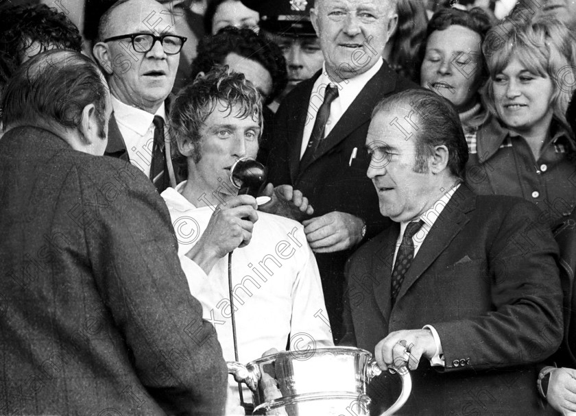 429206 
 Cork Hibernians captain Dave Bacuzzi receives the F.A.I. Cup from Neil Blaney after Hibs defeated Waterford in the final at Dalymount Park, Dublin. 
25/04/1972 Ref. 140/021
100 Cork Sporting Heroes Old black and white