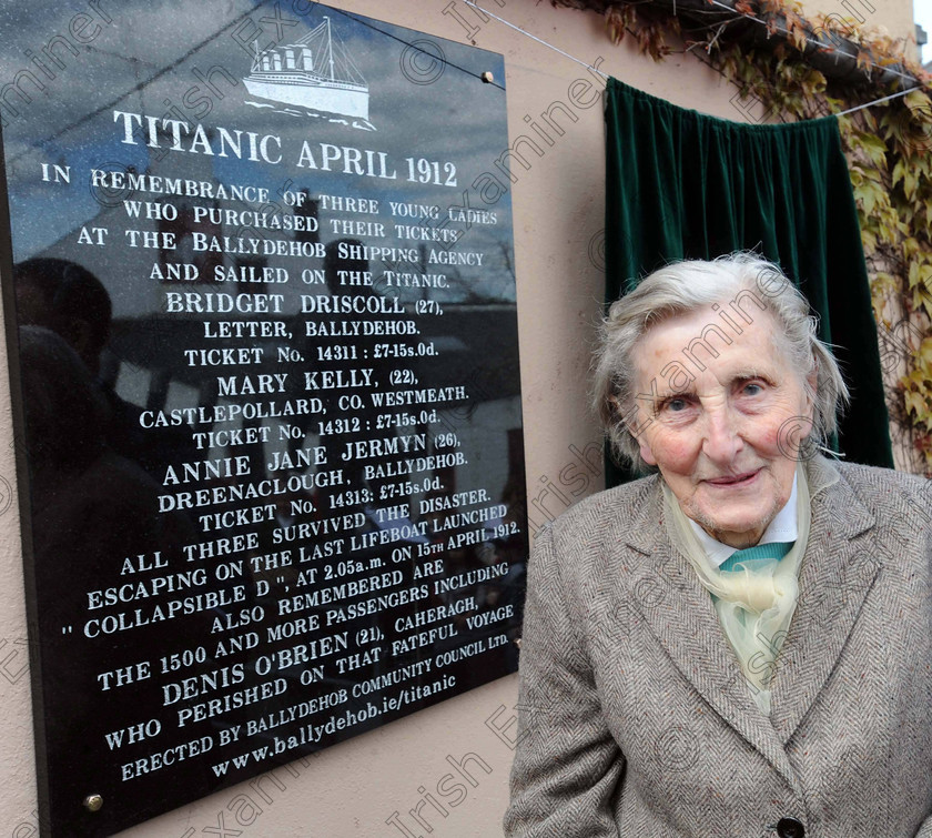 DENIS titanic 1250740b 
 IE LIVE NEWS 15/4/12 ... 
Kitty Driscoll, Ballydehob, unveiled a commemorative plaque in Ballydehob to remember three ladies - one of them was Ktty's aunt Bridget Driscoll, Ballydehob; Mary Kelly, Castlepollard, and Annie Jane (Nancy) Jermyn, Ballydehob, who escaped on one of the lifeboats from the sinking of the Titanic. 
Picture Denis Minihane.