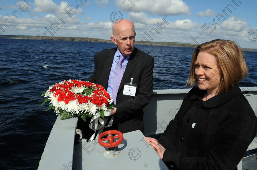 EOH Titanic wreath l101482 
 Edmond Coghlan, chairman and Chantelle Murray, secretary Irish Titanic society laying a wreath at the spot where the Titanic berthed outside Cork harbour 100 years ago,. from on aboard the LE Eithne yesterday
Picture: Eddie O'Hare