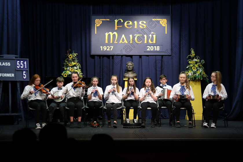 Feis23032018Fri18 
 15~18
Comhaltas Uí Mac Choille Midleton performing.
 Ceol agus Amhránaíocht Traidisiúnta Class: 551: Grupa Ceoil “Corn Evening Echo” 14 Bliana D’Aois Nó Faoina Feis Maitiú 92nd Festival held in Fr. Mathew Hall. EEjob 23/03/2018 Picture: Gerard Bonus